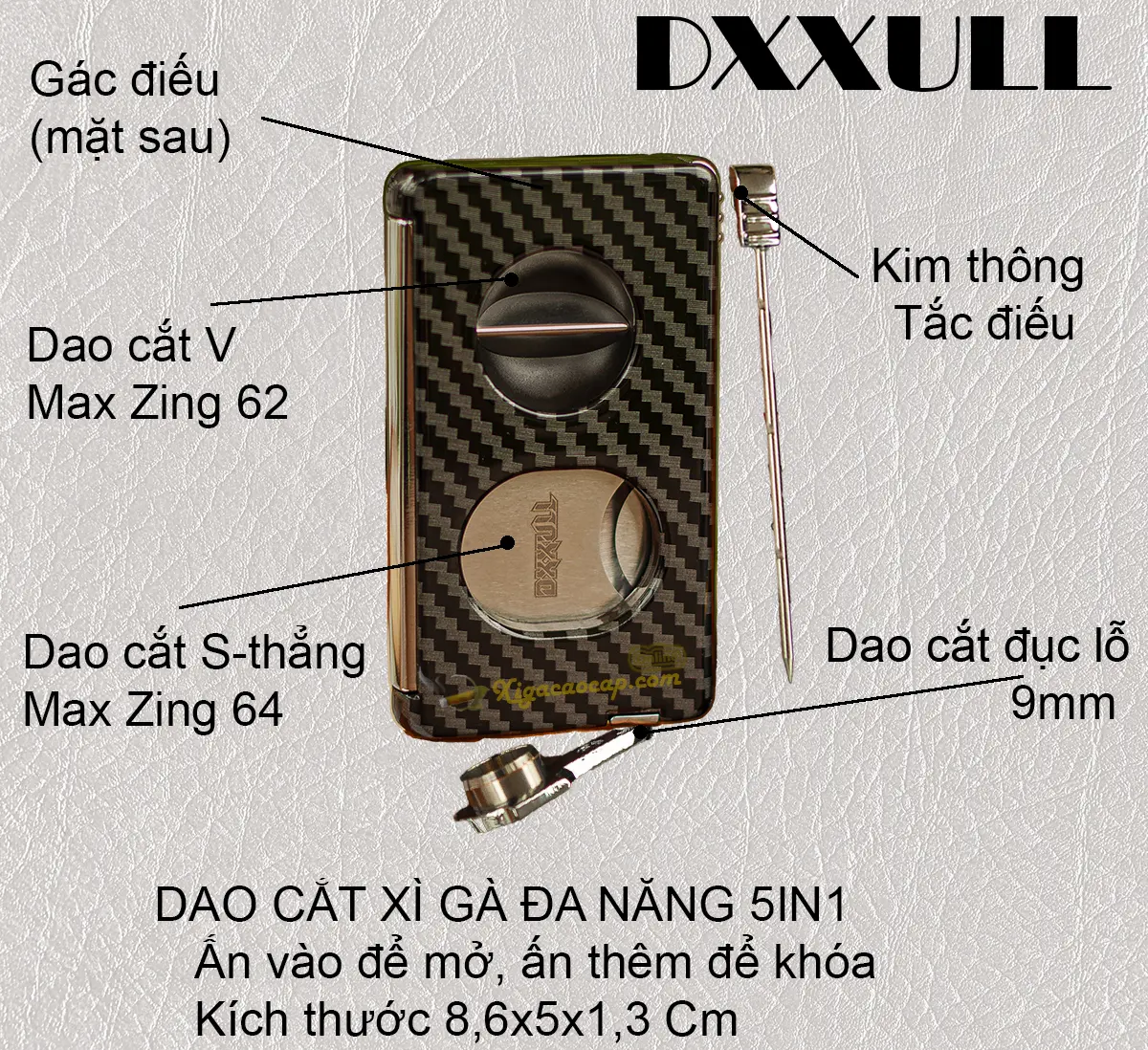 kích thước dao cắt xì gà DXXULL 5in1 8.6x5x1.3cm nhỏ gọn