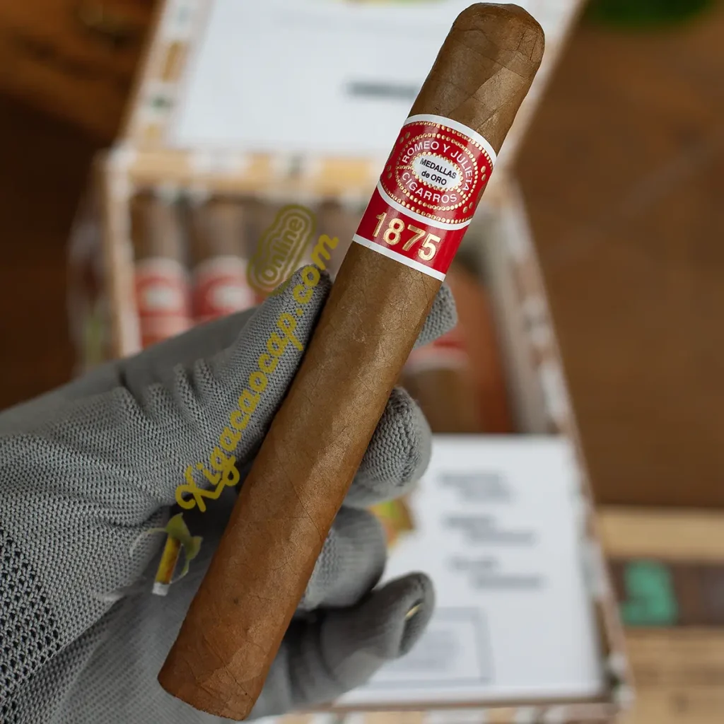 Trên tay một điếu xì gà Romeo Y Julieta 1875 Exhibicion No. 3 định dạng Toro.