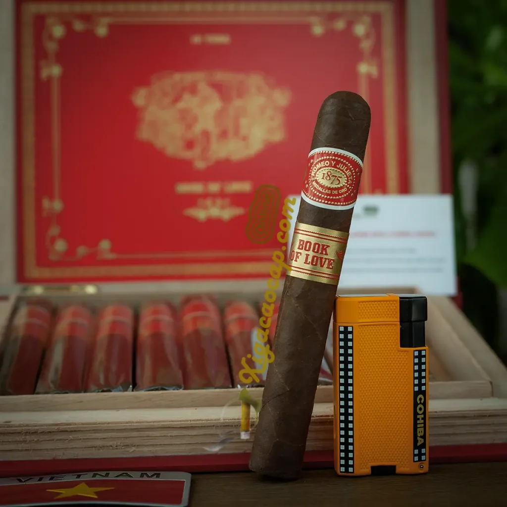 Điếu xì gà Romeo y Julieta Book of Love Toro đặt nổi bật trước vỏ hộp sơn mài