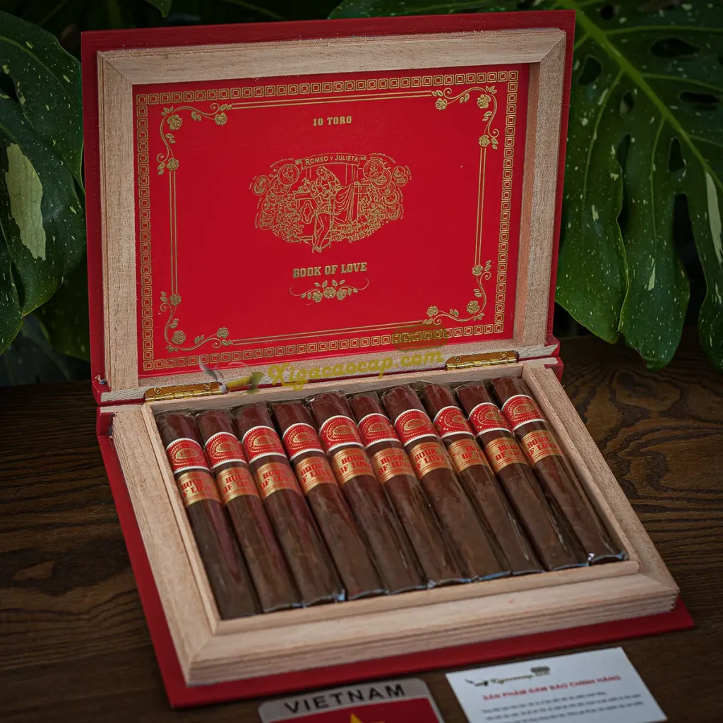 Mở hộp xì gà Romeo y Julieta Book of Love chứa 10 điếu Toro xếp thẳng hàng