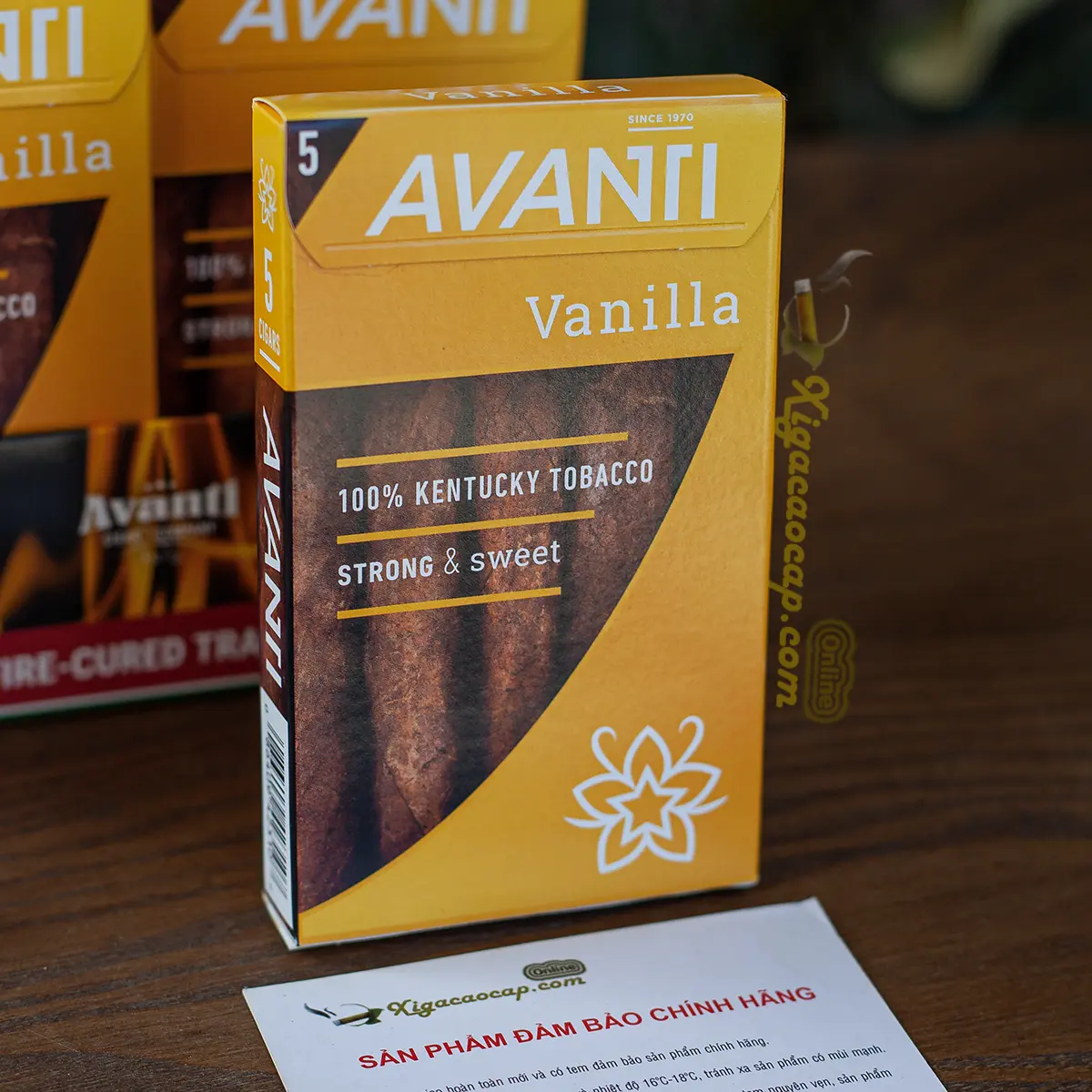 Chi tiết bao bì hộp giấy xì gà Avanti Vanilla chính hãng.