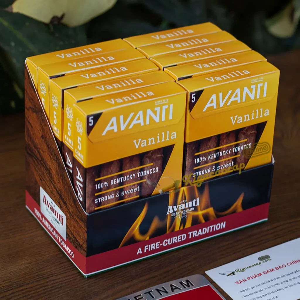 Nguyên cây xì gà Avanti Vanilla gồm 10 hộp giấy tổng cộng 50 điếu.
