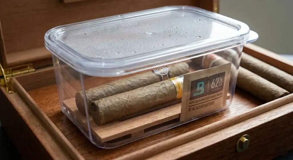 Xì gà Cohiba và Montecristo được ủ phục hồi thích nghi trong hộp kín khí cùng gói Boveda 69%.