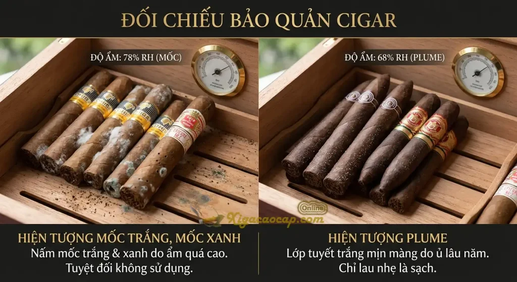 Doi chieu xi ga bi moc trang moc xanh voi hien tuong plume trong hop giu am humidor