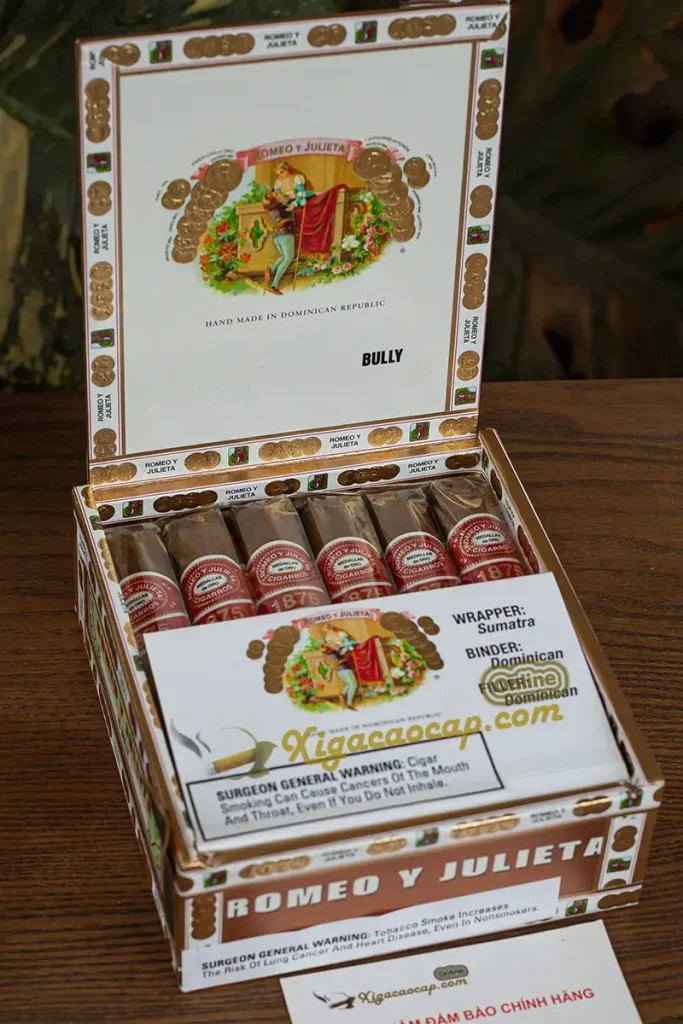 Chi tiết 10 điếu xì gà Romeo y Julieta 1875 Bully xếp ngăn nắp bên trong hộp gỗ.