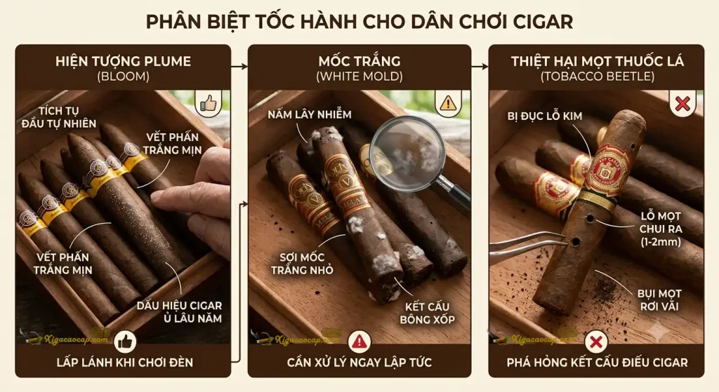 Cach phan biet xi ga bi moc trang voi hien tuong plume va thiet hai do mot thuoc la beetle