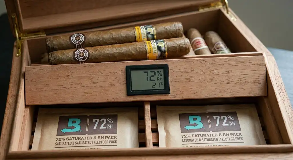 Xì gà đang hồi phục độ ẩm chuyên sâu trong hộp humidor gỗ tuyết tùng với Boveda 72%, lá wrapper bắt đầu bóng dầu trở lại.