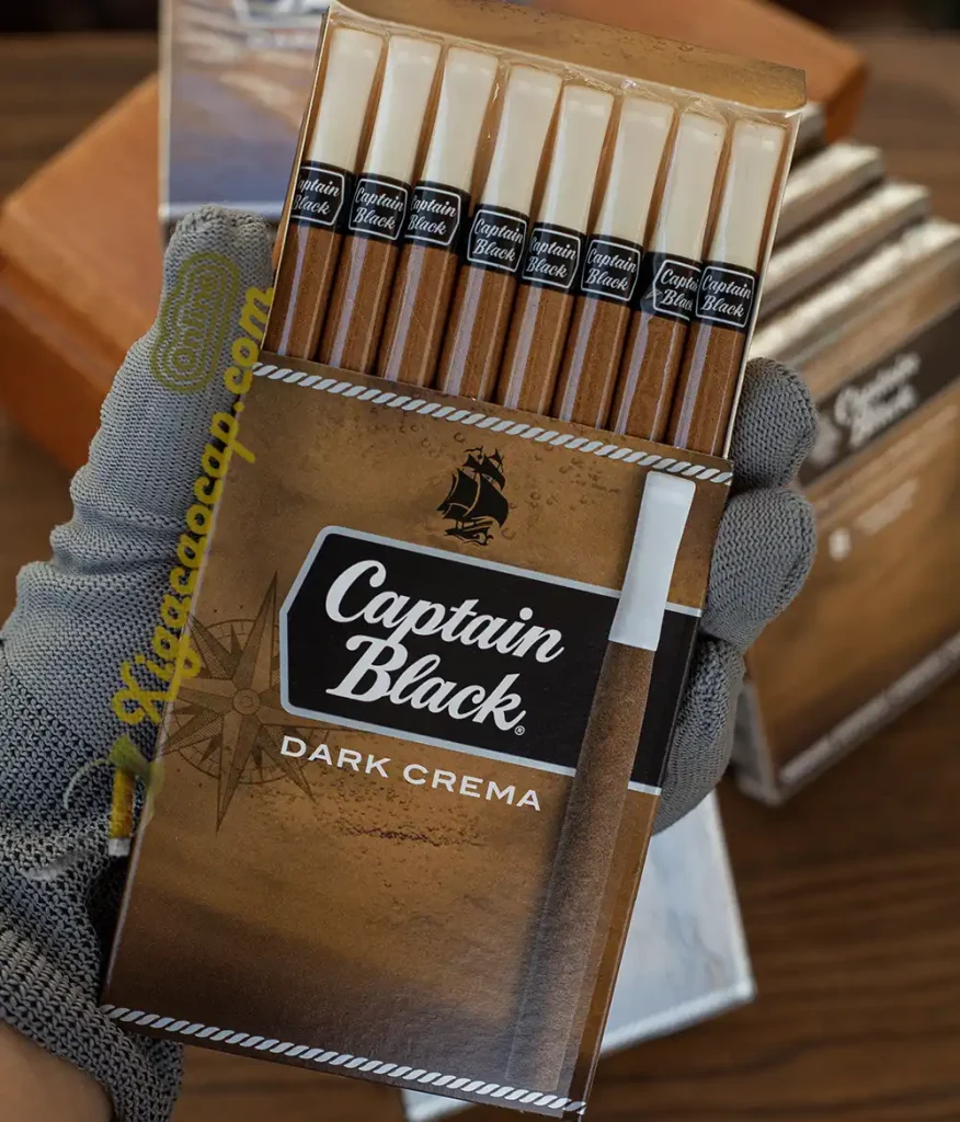 Trên tay hộp xì gà mini Captain Black Dark Crema 8 điếu