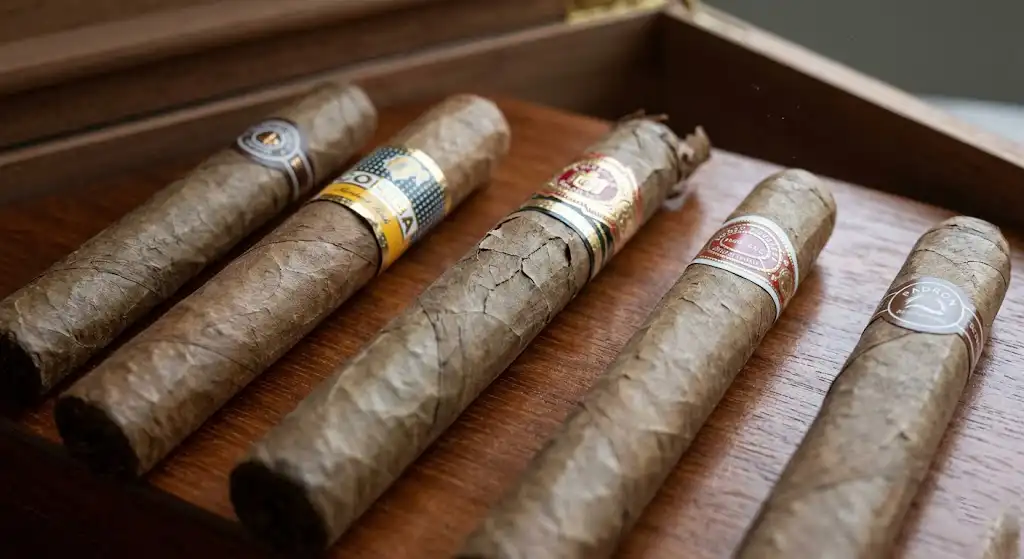 Cận cảnh xì gà Montecristo và Cohiba bị khô trầm trọng, lá wrapper nứt nẻ và giòn trên gỗ tuyết tùng.