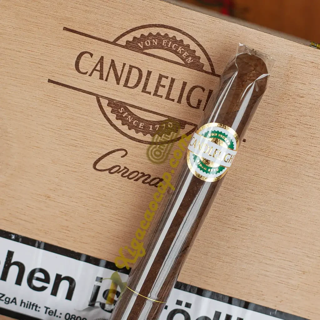 Điếu xì gà Candlelight Brasil đặt cạnh logo thương hiệu trên vỏ hộp