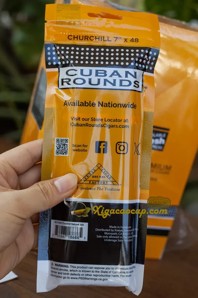 Chi tiết mặt sau gói xì gà Cuban Rounds Churchill Fresh Packs có khóa zip