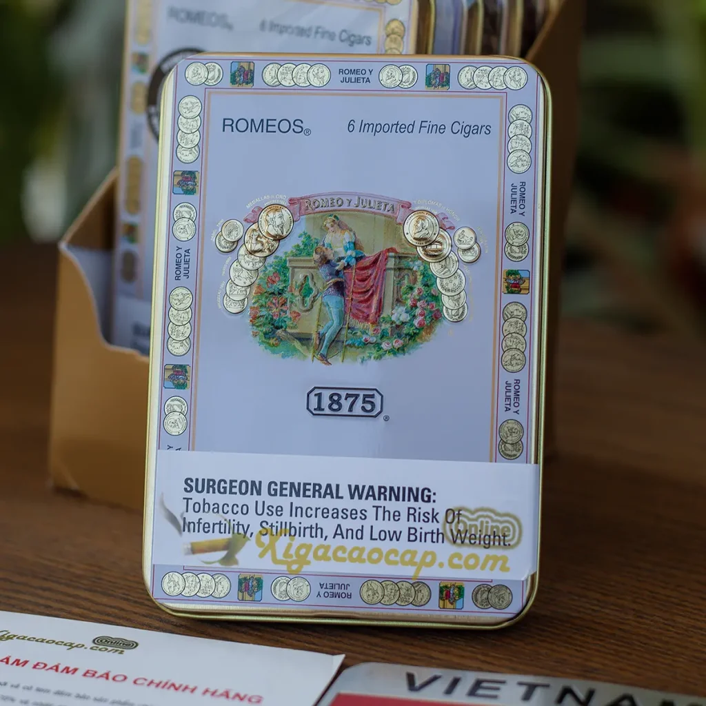 Mặt trước vỏ hộp thiếc xì gà Romeo y Julieta 1875