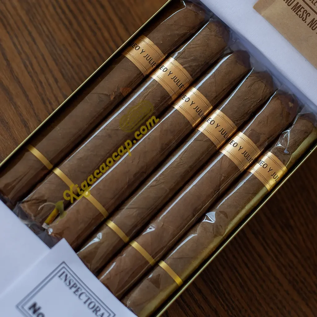 Chi tiết 6 điếu xì gà mini xếp trong hộp Romeo y Julieta 1875