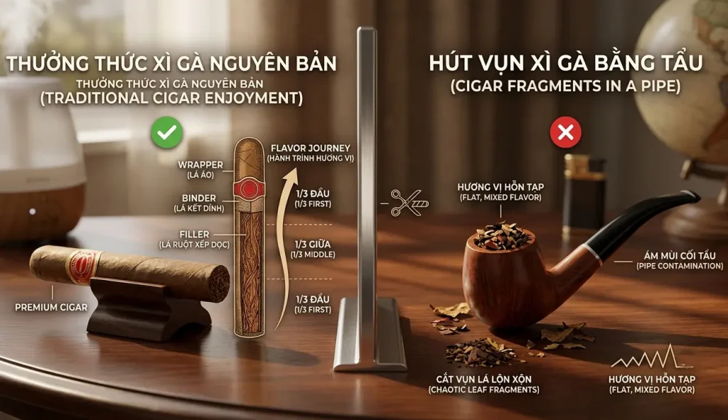 Hình ảnh so sánh cấu trúc xì gà nguyên bản 3 lớp với vụn xì gà cắt nhỏ nhồi trong cối tẩu gỗ