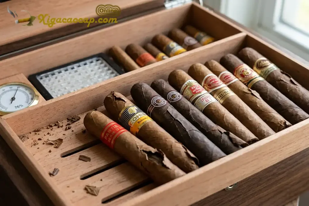 Cac dieu xi ga bi rach la cuon wrapper va bi nut vo ngoai ben trong hop giu am humidor