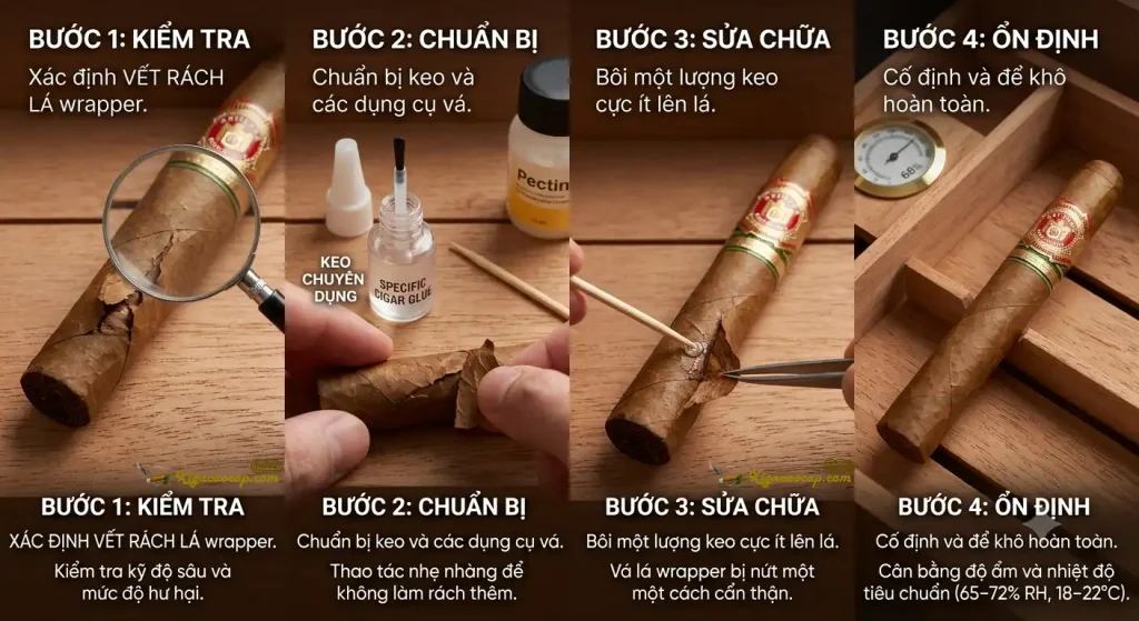 Quy trinh cac buoc sua la wrapper xi ga bi rach bi nut bang keo chuyên dung va bot pectin