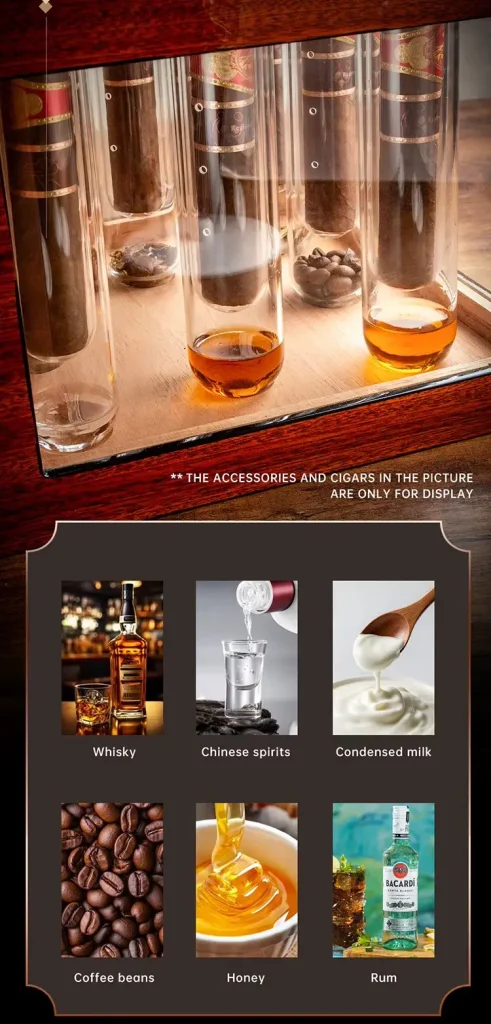 Các loại nguyên liệu phổ biến để ủ cigar bằng rượu và tạo hương vị (Whisky, Rum, Hạt cà phê, Mật ong).