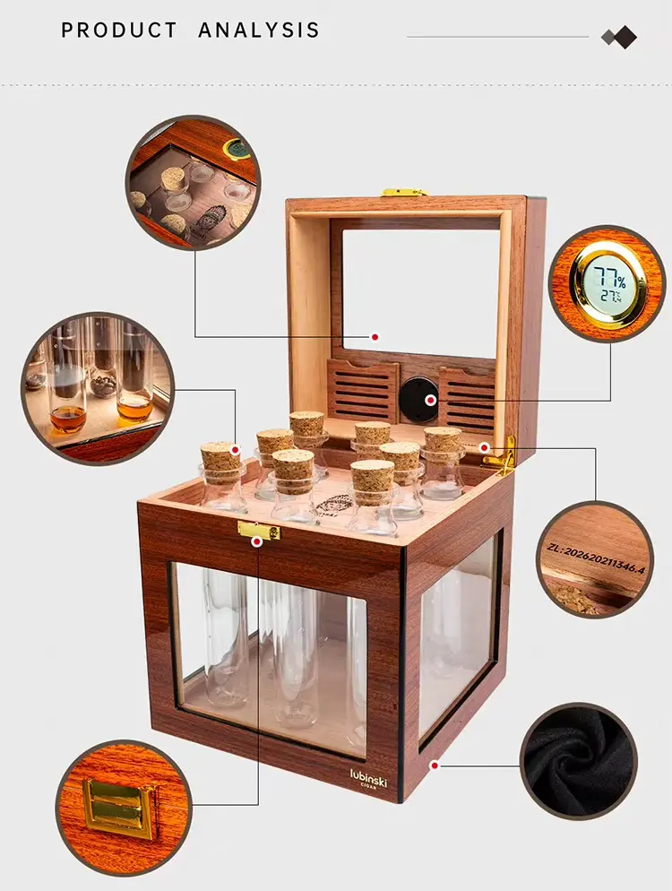Sơ đồ tủ ủ cigar chuyên dụng Lubinski với hệ thống lọ thủy tinh để ủ hương vị bằng rượu và kiểm soát độ ẩm.