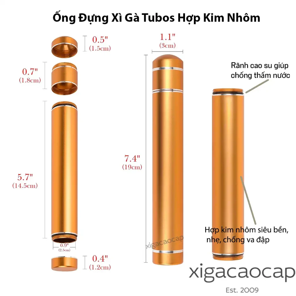 Chi tiet cau tao va kich thuoc ong xiga tubos nhom cao cap 18.8cm x 2.8cm