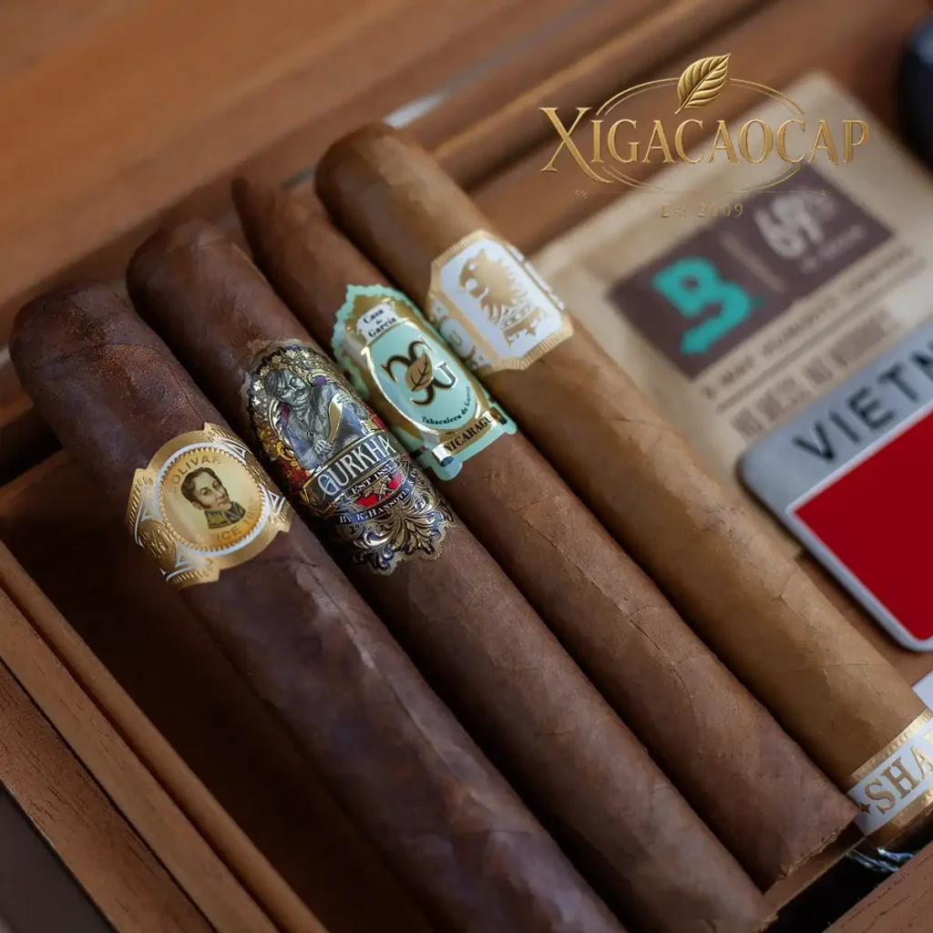 Chi tiết tem và lớp lá quấn của 4 điếu xì gà Bolivar, Gurkha, Casa de Garcia và Undercrown Shade