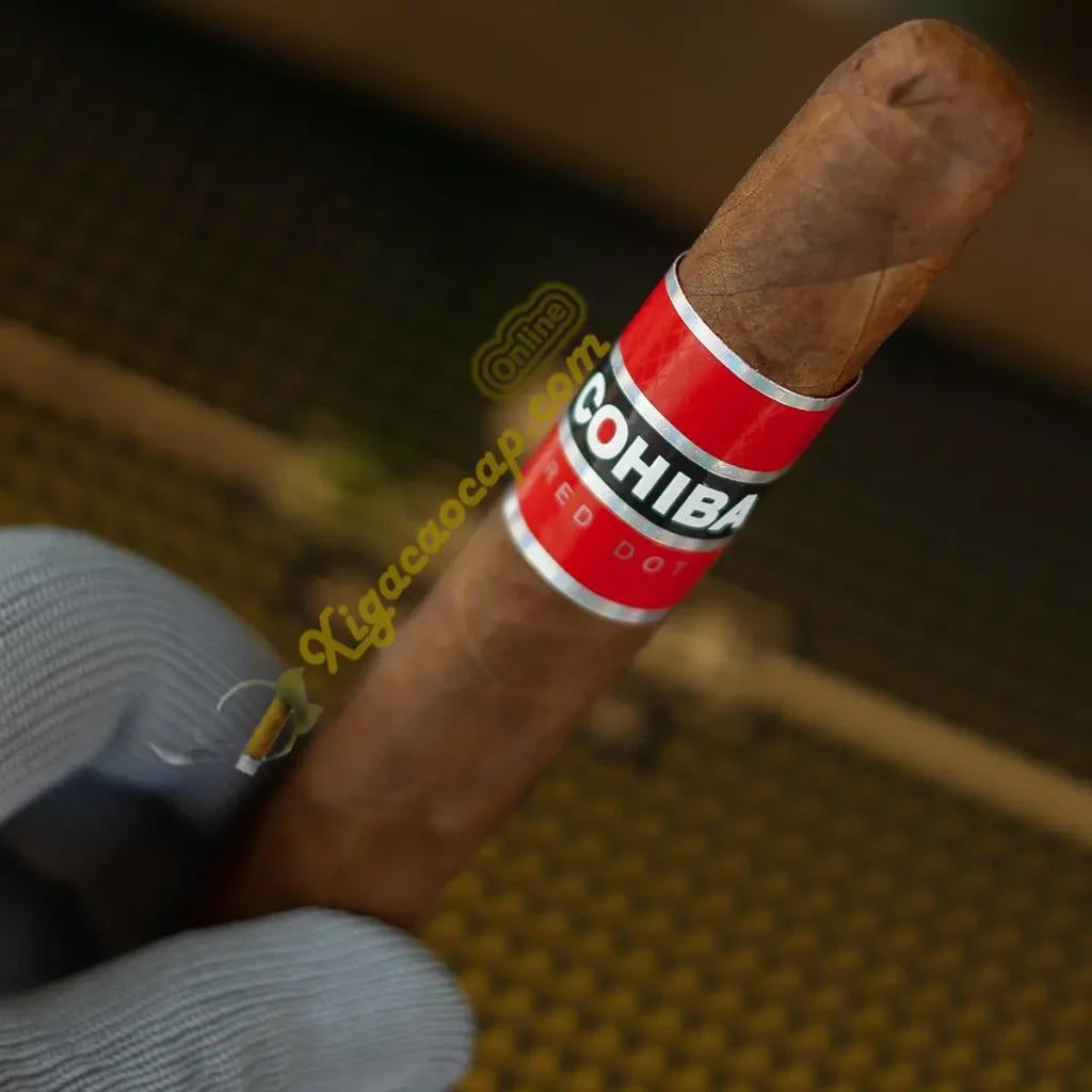 Cận cảnh lớp lá quấn Cameroon toothy và logo xì gà Cohiba Red Dot
