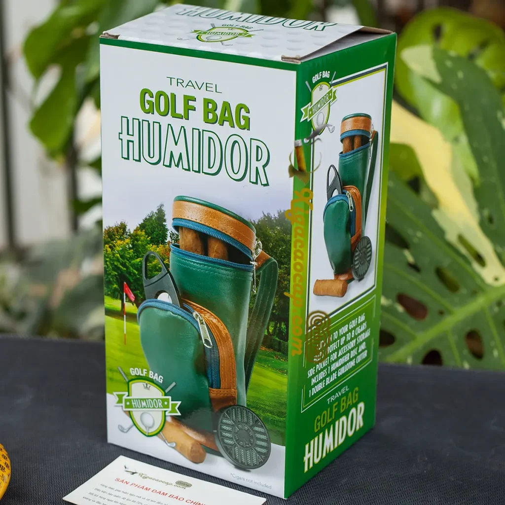 Hộp giấy nguyên bao bì in đầy đủ thông tin chính hãng túi đựng Cigar Cầm Tay Du Lịch dáng túi Golf