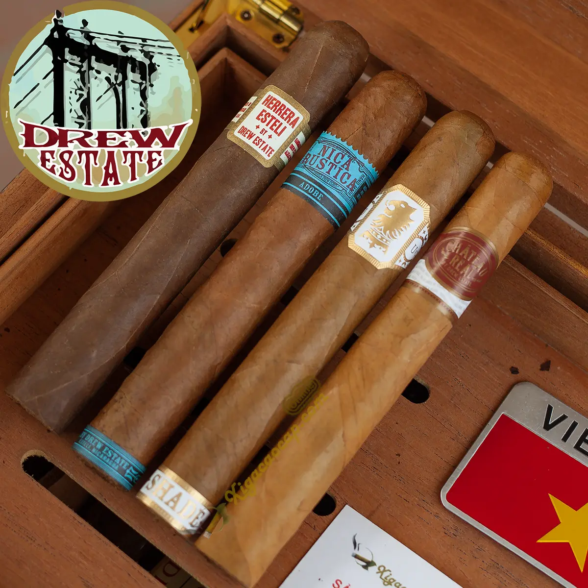 Bộ combo 4 điếu xì gà Drew Estate cao cấp gồm Undercrown Shade, Herrera Esteli, Chateau Real và Nica Rustica Adobe