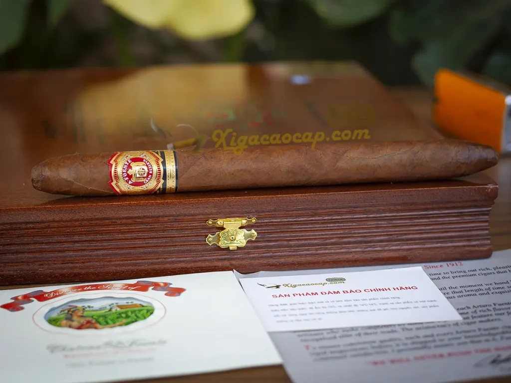 Góc nghiêng điếu xì gà Arturo Fuente Hemingway Masterpiece đặt trên hộp gỗ hình quyển sách