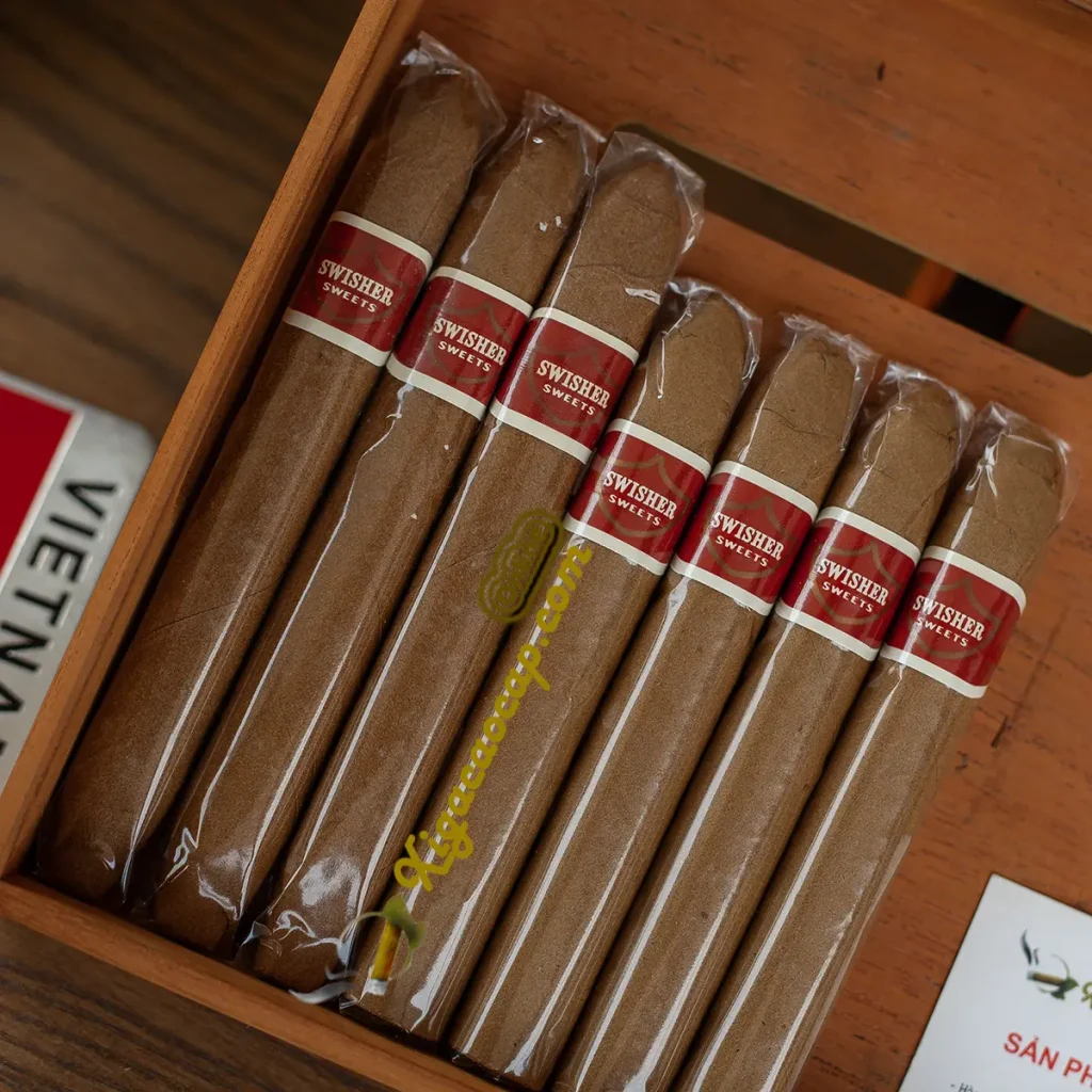 So sánh điếu xì gà máy Swisher Sweets Blunt dáng thẳng với dòng xì gà cuốn tay hình dáng Perfecto xếp trong hộp giữ ẩm humidor gỗ.